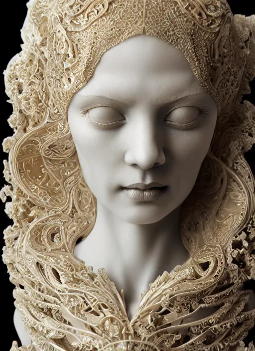 Prompt: marble sculpture of beautiful woman, mandelbulb, hypercube, ivory carving, fractal paisley inlay, lace, intricate, elegant, highly detailed, gold inlay, metallic, ivory, artgerm, lace, by ruan jia, greg rutkowski, mucha, zbrush, nick alm