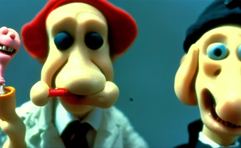 Image similar to Wallace smoking crack from a crack pipe in a still from the short movie A Grand Day Out (1989), crack cocaine, Wallace and Gromit, Aardman Animations, claymation, 4k, high quality