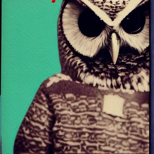 Image similar to !!! sticker!!! close - up polaroid photo of anthropomorphic owl anthropomorphic!!! wearing a hoodie!!!!