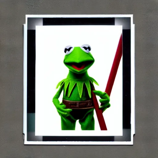 Image similar to Kermit the frog as Obi Wan, lightsaber lighting, polaroid photo, white frame, by Warhol,