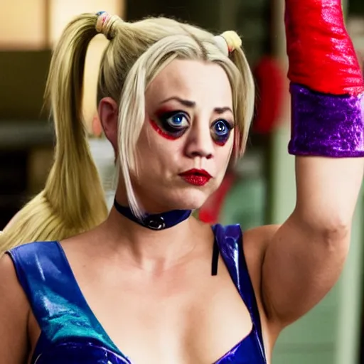 Image similar to A still of Kaley Cuoco as Harley Quinn