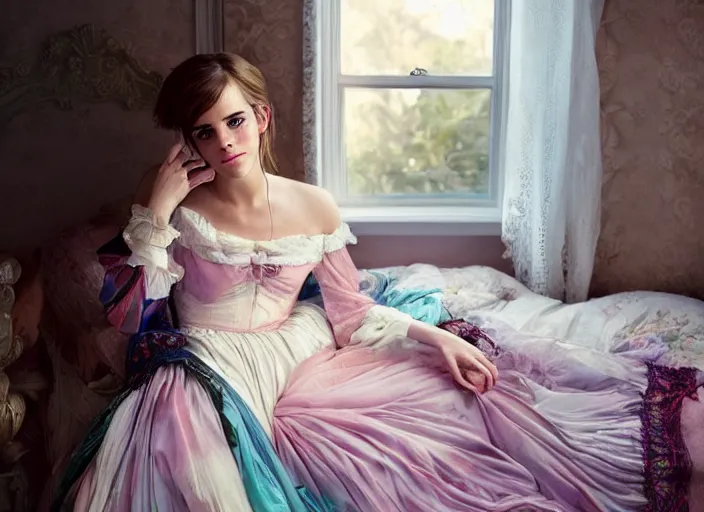 Image similar to Emma Watson for Victorian Secret, perfect face, morning sleeping bedroom, full length shot, colorful, XF IQ4, 150MP, 50mm, f/1.4, ISO 200, 1/160s, natural light, Adobe Photoshop, Adobe Lightroom, DxO Photolab, Corel PaintShop Pro, rule of thirds, symmetrical balance, depth layering, polarizing filter, Sense of Depth, AI enhanced