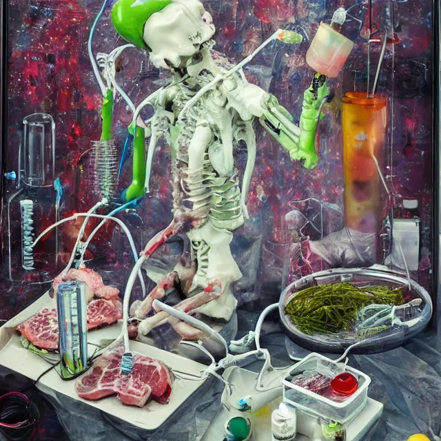 Prompt: female android, surgical equipment, raw pork, berry juice drips, pancakes, berries, bones, electrical wires, battery, oxygen tank, scientific glassware, seedlings, bones, art supplies, candles dripping wax, neo - impressionist, surrealism, acrylic and spray paint and oilstick on canvas