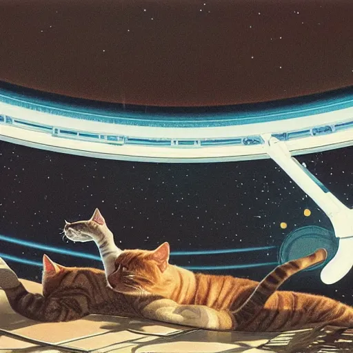 Prompt: ultra wide angle interior view of a space station, Tower of Babel, cats in the station, by syd mead