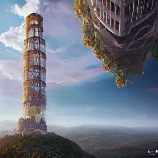 Image similar to Hyper realistic innovation city, perfectly detailed mountain on which stands the tower of the future , fantastically beautiful particles of magic around the tower , delightful clouds, stunningly detailed light, In arcane style, octane render - W 1024