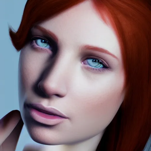 Image similar to portrait of a redhead woman with green eyes, hyper realistic, volumetric lighting