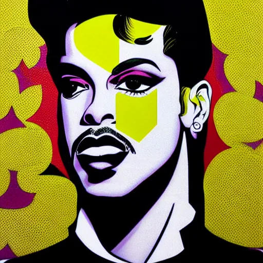 Prompt: Wall mural portrait of Prince, urban art, pop art, artgerm, by Roy Lichtenstein