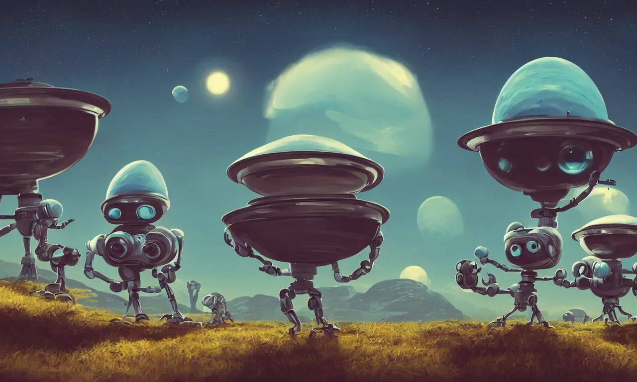 Image similar to 2 cute robot aliens inside a 1950s retro flying saucer observing planet earth, vivid colors, high details, cinematic, 8k resolution, beautiful detailed, photorealistic, digital painting, artstation, concept art, smooth, sharp focus, illustration, fantasy background, artstation trending, octane render, unreal engine