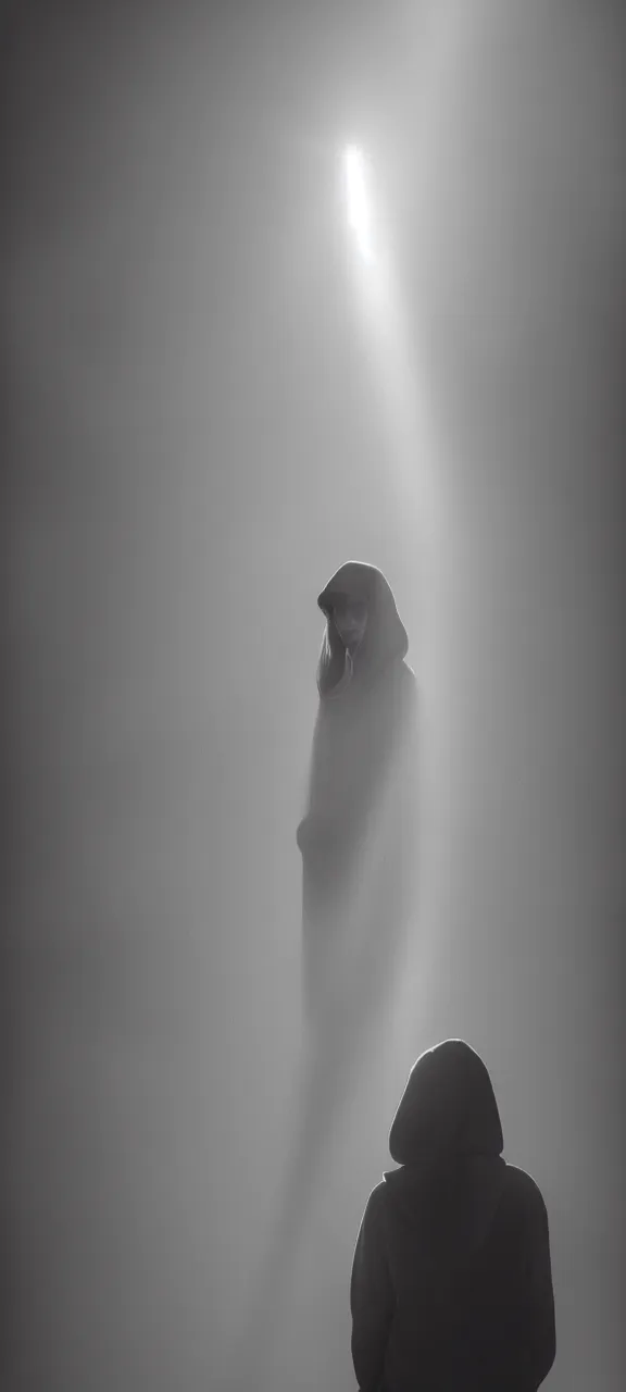 Image similar to very very beautiful photograph of emily skinner looking like annie leonhart in a hoodie standing next to a window god rays shining on her from the sunlight, volumetric fog, smoke, depth of field, beautiful composition, very very very beautifull face, on artstation and instagram, ray tracing