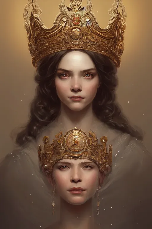 Image similar to highly detailed portrait of an elegant goddess, ornate crown, beautiful symmetrical face, digital painting, artstation, concept art, smooth, clear focus, illustration, greg rutkowski, artgerm, global lighting, detailed and fantasy