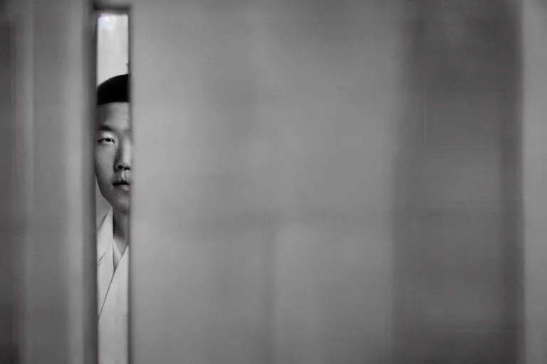 Image similar to an 8 5 mm portrait of a justin sun as night king in prison looking through the bars of his cell, by annie leibovitz, shallow depth of field, cinematic lighting