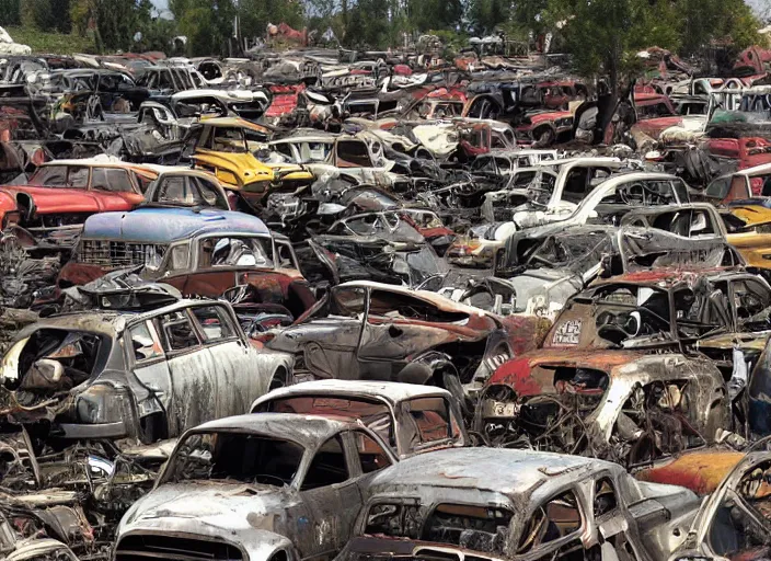 Prompt: where's waldo. junkyard