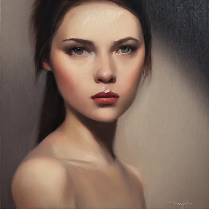 Image similar to alla prima portrait oil painting of young woman with dark hair, dark beige grey background, lights and shadows, beautiful composition, hyperrealistic