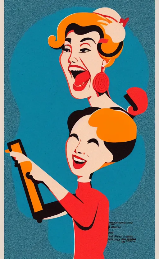 Image similar to illustration with a woman laughing out loud, standup, comedy, joke, an art deco painting by tom whalen, funny meme photo, trending on behance, art deco, digital illustration, storybook illustration, grainy texture, flat shading, vector art, airbrush, pastel, watercolor, poster