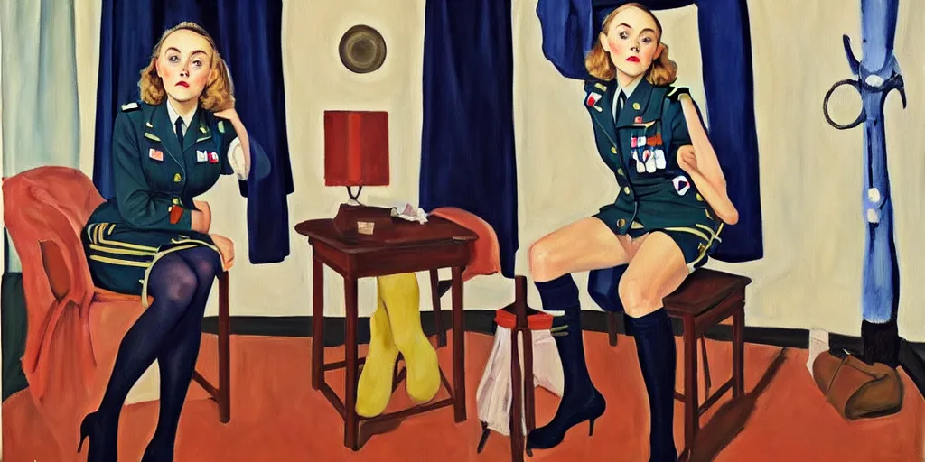 Image similar to oil painting of annasophia robb in a WWII uniform putting on stockings, teaching you a lesson in a void room full of etwined arms, existential horror painted by Alice Neel,