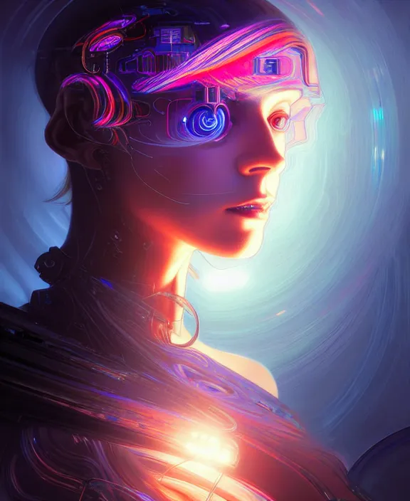 Image similar to a whirlwind of souls rushing inside the metaverse, hologram, half body, neurochip, shaved temple, piercing, jewelry, android, cyborg, cyberpunk face, by loish, d & d, fantasy, intricate, elegant, highly detailed, colorful, digital painting, artstation, concept art, art by artgerm and greg rutkowski and alphonse mucha