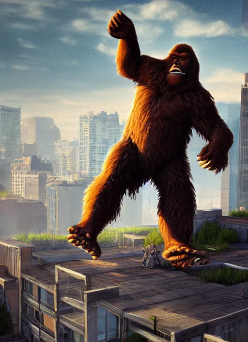 Image similar to bigfoot playing harph on the rooftop, music, instrument, rpg style, dnd style, ultra detailed, trending on artstation, concept art, octane render, unreal engine,