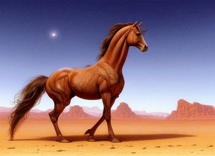 Image similar to horse standing in desert, intricate, elegant, highly detailed animal, digital painting, artstation, concept art, smooth, sharp focus, illustration, art by artgerm, bob eggleton, michael whelan, stephen hickman, richard corben, wayne barlowe, trending on artstation and greg rutkowski and alphonse mucha, 8 k