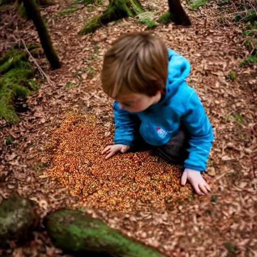 Image similar to A lost boy in the woods finds gingerbread crumbs, XF IQ4, 150MP, 50mm, f/1.4, ISO 200, 1/160s, natural light, Adobe Photoshop, Adobe Lightroom, DxO Photolab, Corel PaintShop Pro, rule of thirds, symmetrical balance, depth layering, polarizing filter, Sense of Depth, AI enhanced, sharpened, denoised