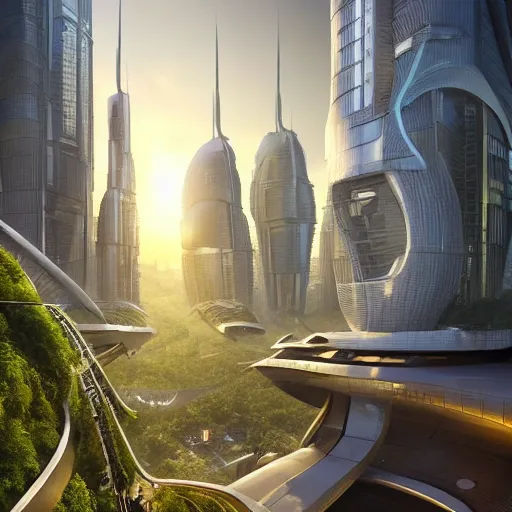 Prompt: futuristic utopian metropolis, masterpiece, spiral skyscrapers!!!!, white buildings, golden sunset, green trees, hanging gardens, red planet in the sky, utopia, high quality, beautiful design, scifi, 4 k, high detail, street view, trending on artstation, art by leon tukker