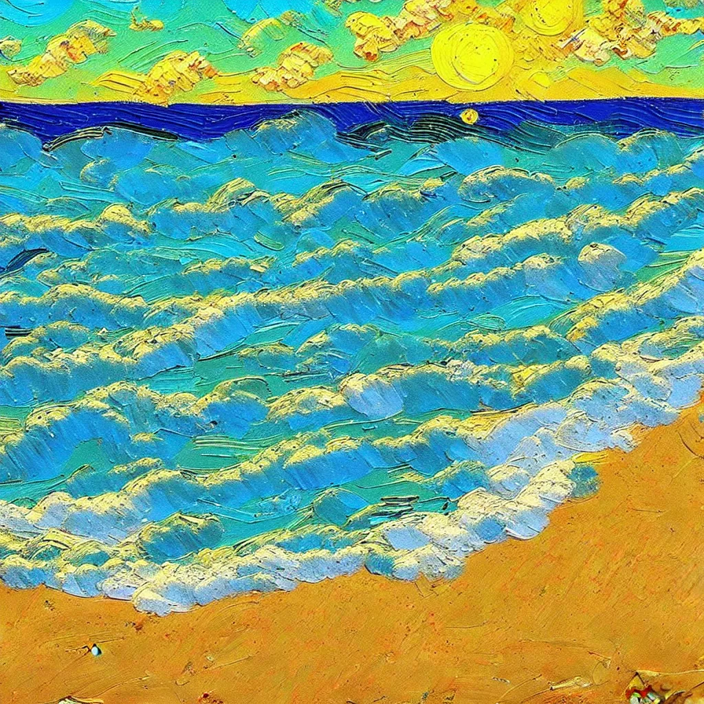 Image similar to beautiful Italian beach scene painted in a style of painting similar to Van Gogh but more impasto and less hatching