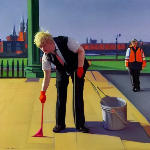 Image similar to A fine art painting of Boris Johnson doing community service in a high vis vest, he is picking litter on a British street. In the style of Edward Hopper and Wes Anderson