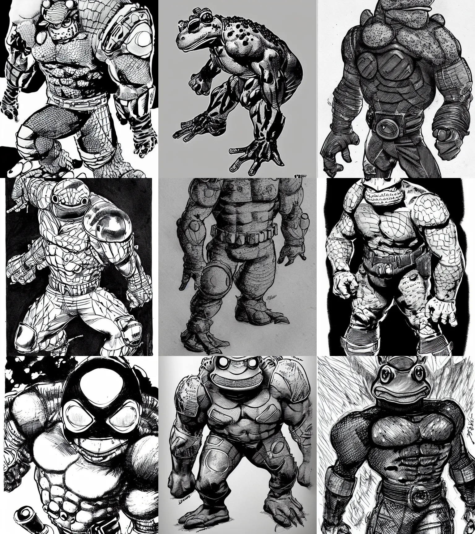 Prompt: toad animal!!! jim lee!!! full shot!! flat grayscale ink sketch by jim lee close up in the style of jim lee, cyborg! rugged knight hulk toad animal looks at the camera by jim lee