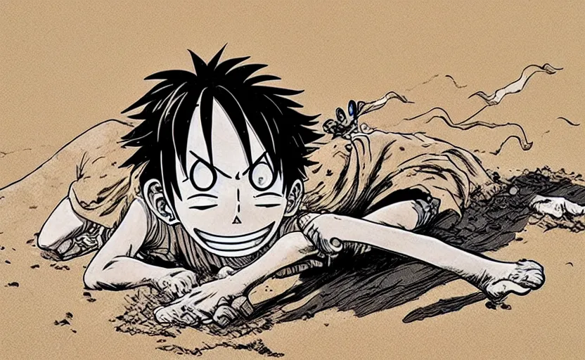 Prompt: a luffy in sand dunes, photography by kim jung gi