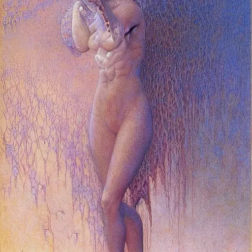 Image similar to cute young vampire tomboy girl with short short short dark hairs on lovecraftian planet by jean delville by luis royo and wayne barlowe, beksinski