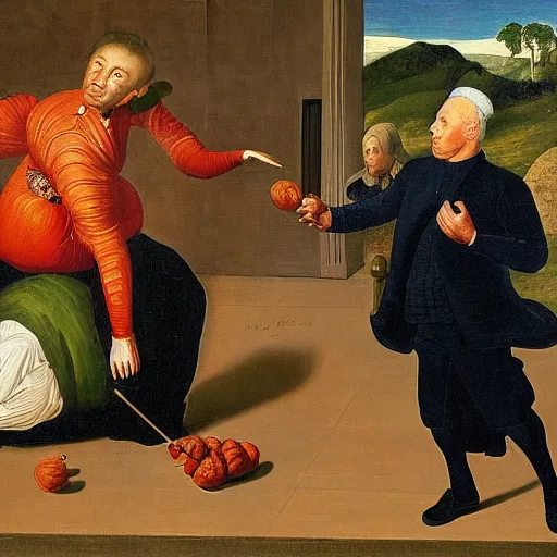 Image similar to painting of Benjamin Netanyahu shielding himself with his arms as Sara Netanyahu is throwing peanuts at him in a crouched position, by Jan Van Eyck