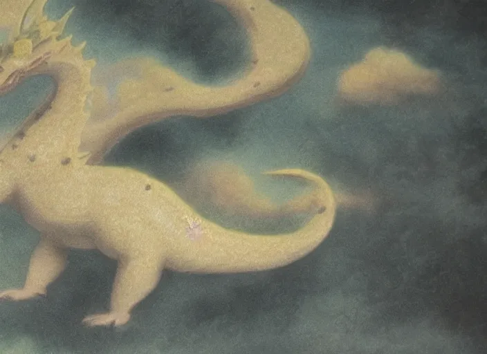 Prompt: a bumpy speckled matte painting pleasing - palette roaring dragon, close - up, pleasing palette, made out of idyllic nebulous clouds sophisticated detailed pastel dragon from scenery fantasia ( 1 9 4 1 )