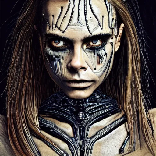 Prompt: Cara Delevigne is an unsettling scary terrifying bio mechanical cyborg post human, physically accurate, very dramatic dynamic lighting, intricate, very very elegant, highly detailed, digital painting, artstation, very hyperrealistic, very very very HR GIGER, very Bensinski, Hieronymus Bosch, Francis Bacon, concept art, smooth, sharp focus, illustration, art by artgerm and greg rutkowski and alphonse mucha