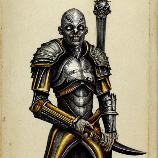 Prompt: ( ( ( head and shoulders portrait of a gaunt noseless yellow - skinned bald githyanki warrior in a breastplate, wielding a magical silver greatsword ) ) ), hr giger, d & d, fantasy, medieval