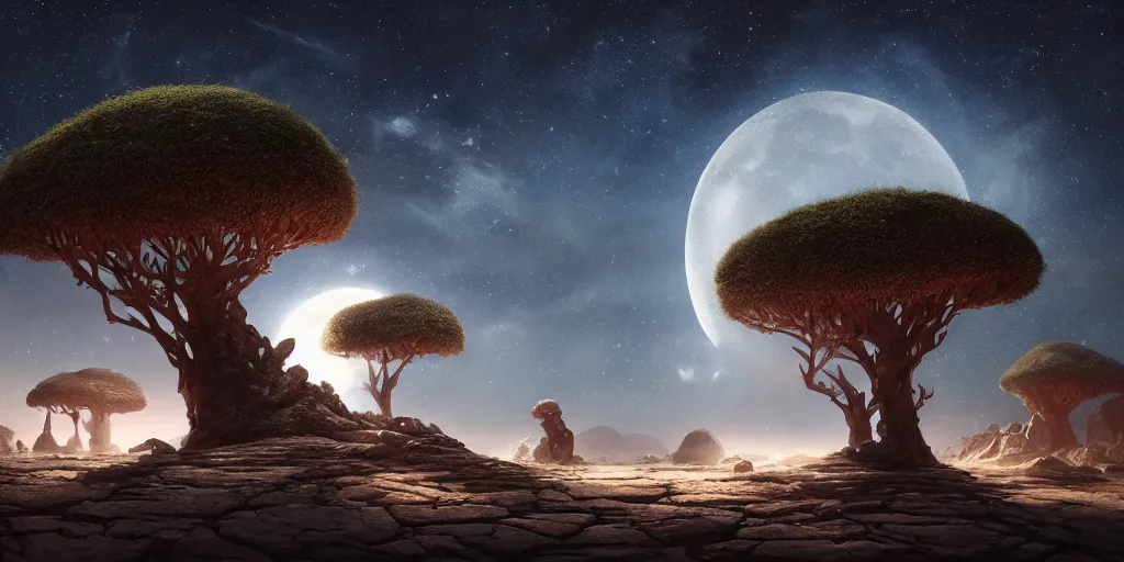 Image similar to moonlit socotra island with dragon trees, starry night, sharp focus, wide shot, trending on ArtStation, masterpiece, by Greg Rutkowski, by Ross Tran, by Fenghua Zhong, octane, soft render, ultrarealistic, colorful, cinematic, matte painting, shadow of the tomb rider