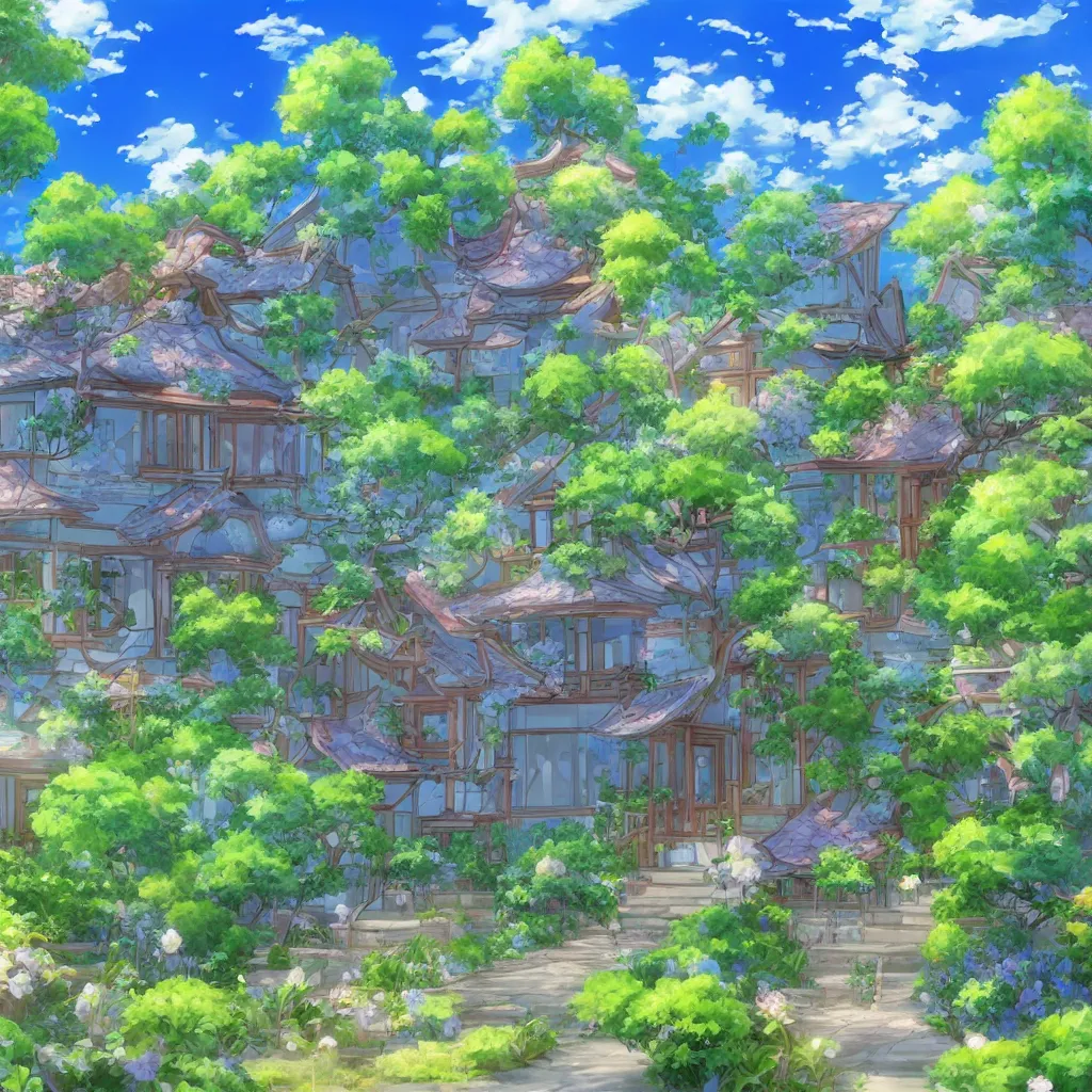 Image similar to a house with a beautiful garden and a blue sky with clouds in anime style, in the style of Lampbo Chun on ArtStation and Son Rice on ArtStation, 4k,