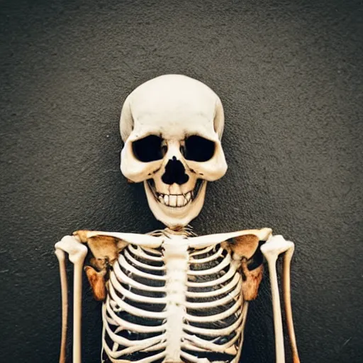 Image similar to awkward camera shot of a skeleton in human clothes