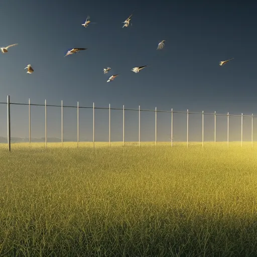 Image similar to an endless fence that is 1 0 0 0 feet tall, in a field with rolling hills, birds high in the sky, dystopian, rim, masterpiece digital painting, octane render, 4 k