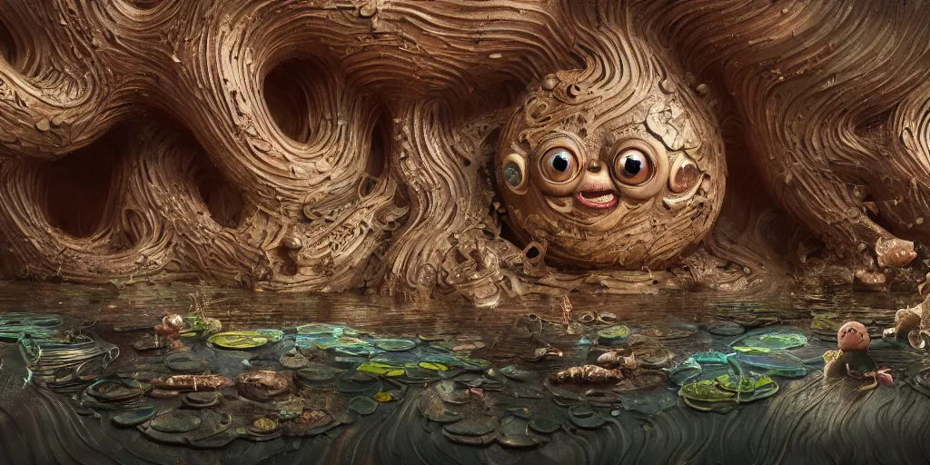 Image similar to of an intricate muddy water with strange cute friendly happy creatures with huge eyes, long tongue, round teeth and goofy funny face, appearing from the background, in the style of gehry and gaudi, macro lens, shallow depth of field, ultra detailed, digital painting, trending artstation, concept art, illustration, cinematic lighting, photorealism, epic, octane render