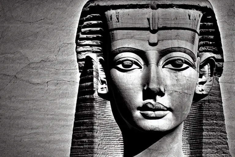 Prompt: Her face was large as that of Memphian sphinx, pedestal'd haply in a palace court, when sages look'd to Egypt for their lore. But oh! how unlike marble was that face- How beautiful, if sorrow had not made sorrow more beautiful than Beauty's self, postmodern surrealist hand drawn matte painting 4k by Lynd Ward, smooth, sharp focus, extremely detailed, dramatic cinematic lighting.