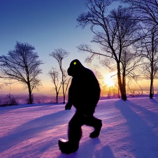 Prompt: a purple gorila, walking in snow, sunrise, wide photo, 4 k