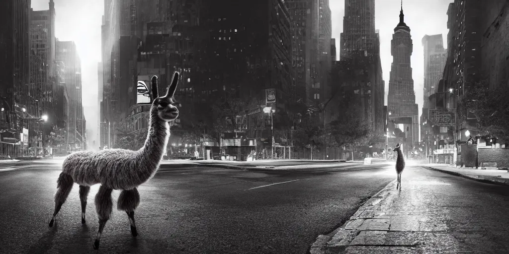 Image similar to a llama walking through a desolate manhattan city street at night, statue of liberty seen in the background, realistic 4 k octane beautifully detailed render, 4 k post - processing, highly detailed, intricate complexity, epic composition, magical atmosphere, cinematic lighting, masterpiece, ultra hd