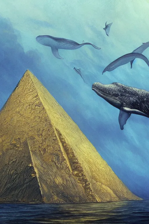 Image similar to A beautiful painting of huge underwater pyramid of gold, lots of whales, ultra wide angle, dramatic lighting, epic, by alan lee and john howe, 4k, Trending on artstation, 35mm film, anamorphic look, Lens flares