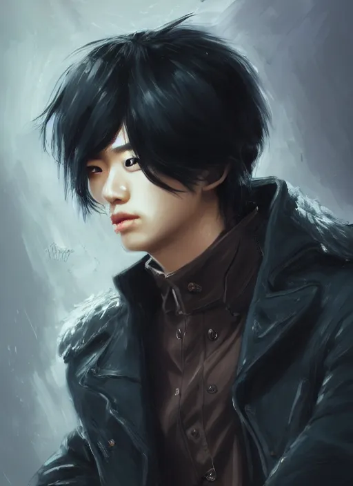 Prompt: a highly detailed illustration of young attractive black haired korean guy wearing black detective coat with coattails, heroic pose, strings background, intricate, elegant, highly detailed, centered, digital painting, artstation, concept art, smooth, sharp focus, league of legends concept art, wlop.