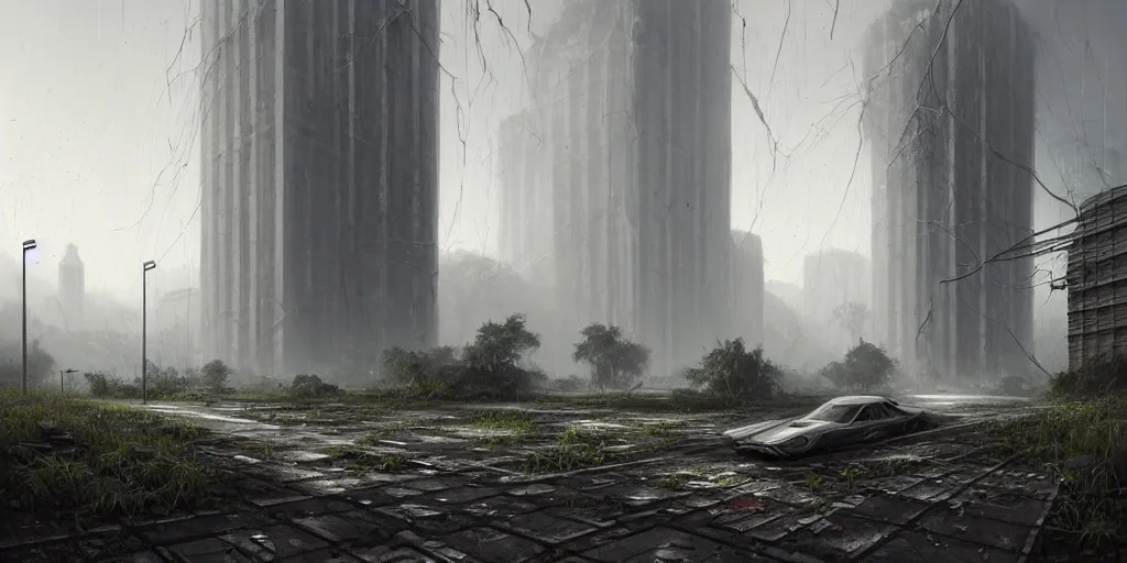 Image similar to ruins of a modern city, daytime, overgrown, cracked roads with weeds, misty, giant concrete tower in the distance, ultra high definition, ultra detailed, symmetry, sci - fi, dark fantasy, by greg rutkowski and ross tran