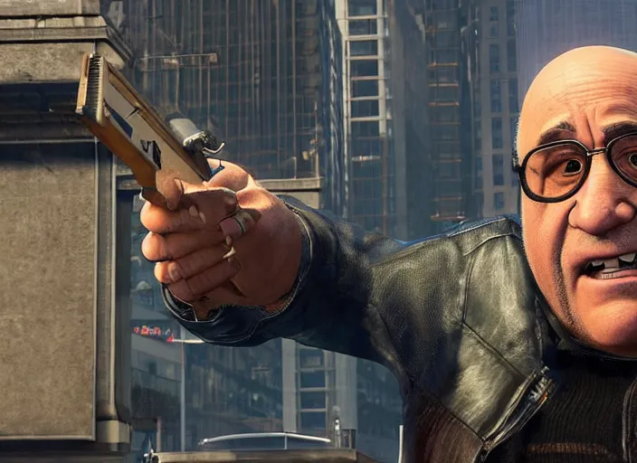 Prompt: video game still of danny devito in the video watch dogs,