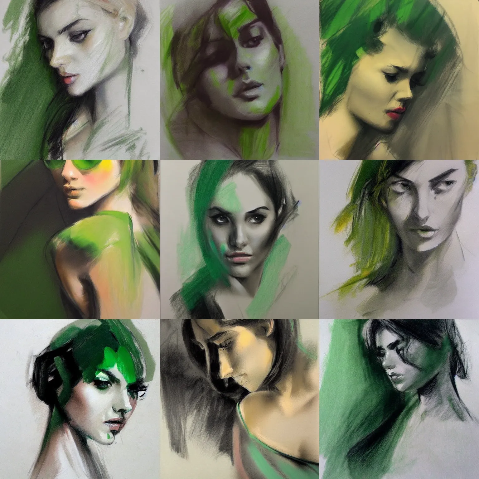 Prompt: abstract charcoal sketch, green shades, woman, sensual, vladimir volegov