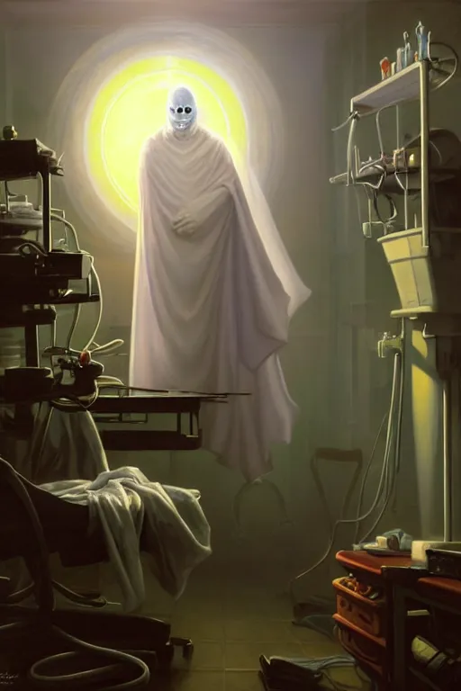 Prompt: classic oil painting, a floating ghost, as a dnd character, inside a cluttered surgical room at a hospital, cottagecore, highly detailed, digital illustration, concept art, doctor tools, ectoplasm, fog, sinister, smooth, sharp focus, art by tim hildebrandt, and greg hildebrandt