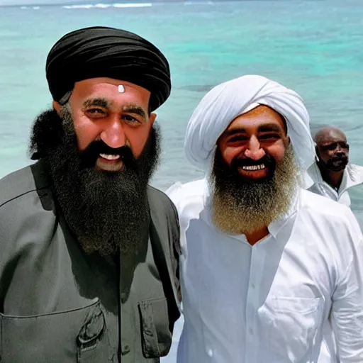 Image similar to ultra realistic candid photograph from osama bin laden with joe biden in bahamas, details intricate