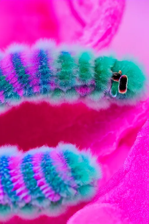 Image similar to high quality macro photo translucent fluffy caterpillar! gorgeous highly detailed hannah yata elson peter cinematic pink lighting high quality low angle hd 8k sharp shallow depth of field