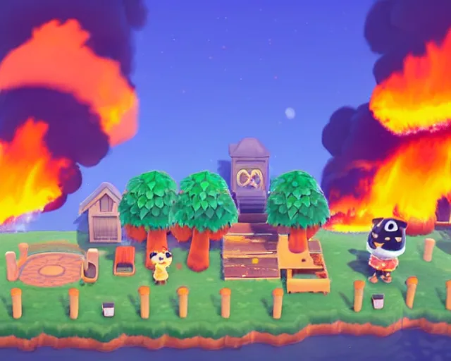 Prompt: animal crossing village on fire, sylvain sarrailh